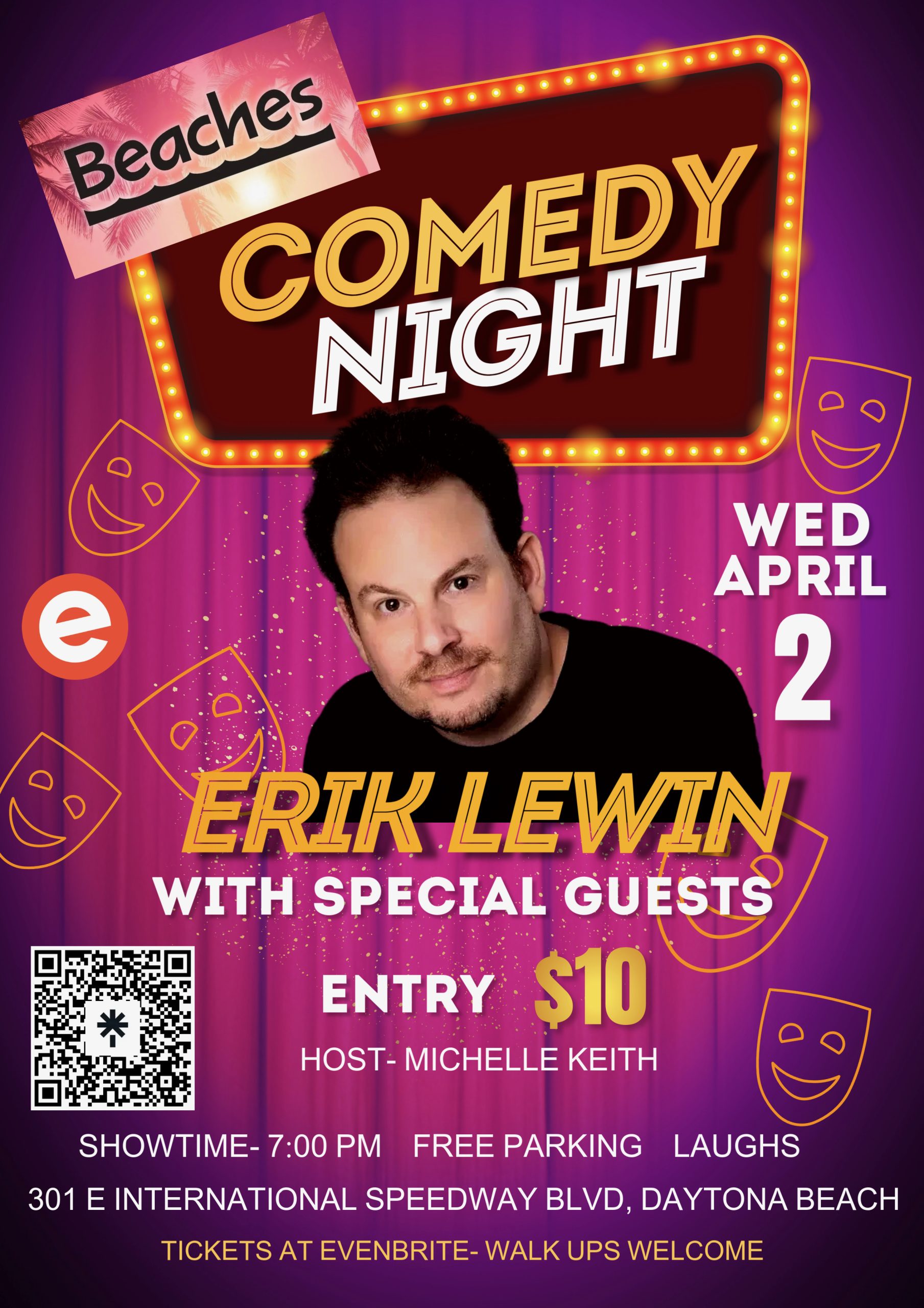 comedy night at Beaches 7PM Erik Lewin $10 entry